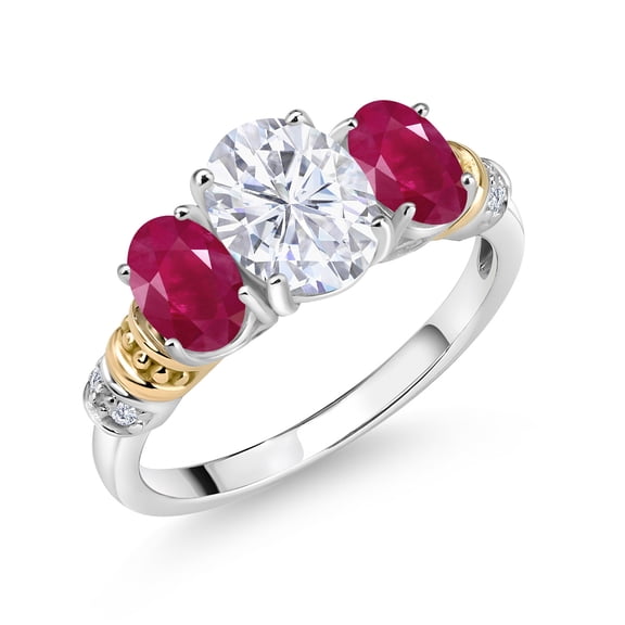 Gem Stone King 925 Sterling Silver and 10K Yellow Gold Oval White Moissanite Red Ruby and White Diamond 3 Stone Ring for Women (2.73 Cttw, Gemstone Birthstone, Size 7)