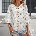 thumbnail image 3 of Peach Floral Delicate Pattern Design Women's V-Neck Blouse With 3/4 Ruffled Bell Sleeves Casual Top Ladies Blouses, 3 of 7