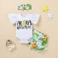 thumbnail image 6 of Styles I Love Kid Girls Aloha Beaches Pineapple Flutter Sleeve Bodysuit and Ruffle Shorts, Headband 3pcs Summer Outfit (6 Months) White, 6 of 7