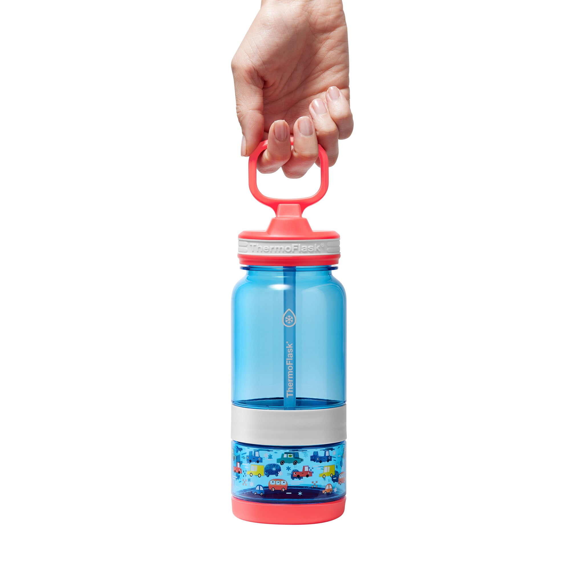 ThermoFlask 14 oz 2-in-1 Snack and Sip Durable Tritan Bottle with Integrated Snack Cup Compartment - Leakproof Folding Straw Lid - Protective Bumper - Cars Design