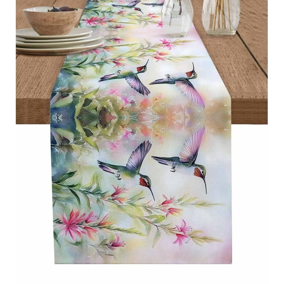 Spring Hummingbird Table Runner 70 Inches, Watercolor Flower Leaf Pink Green Bed Runner Dresser Scarves Tabletop for Indoor Outdoor Parties/Ceremony/Banquet, 13" x 70"