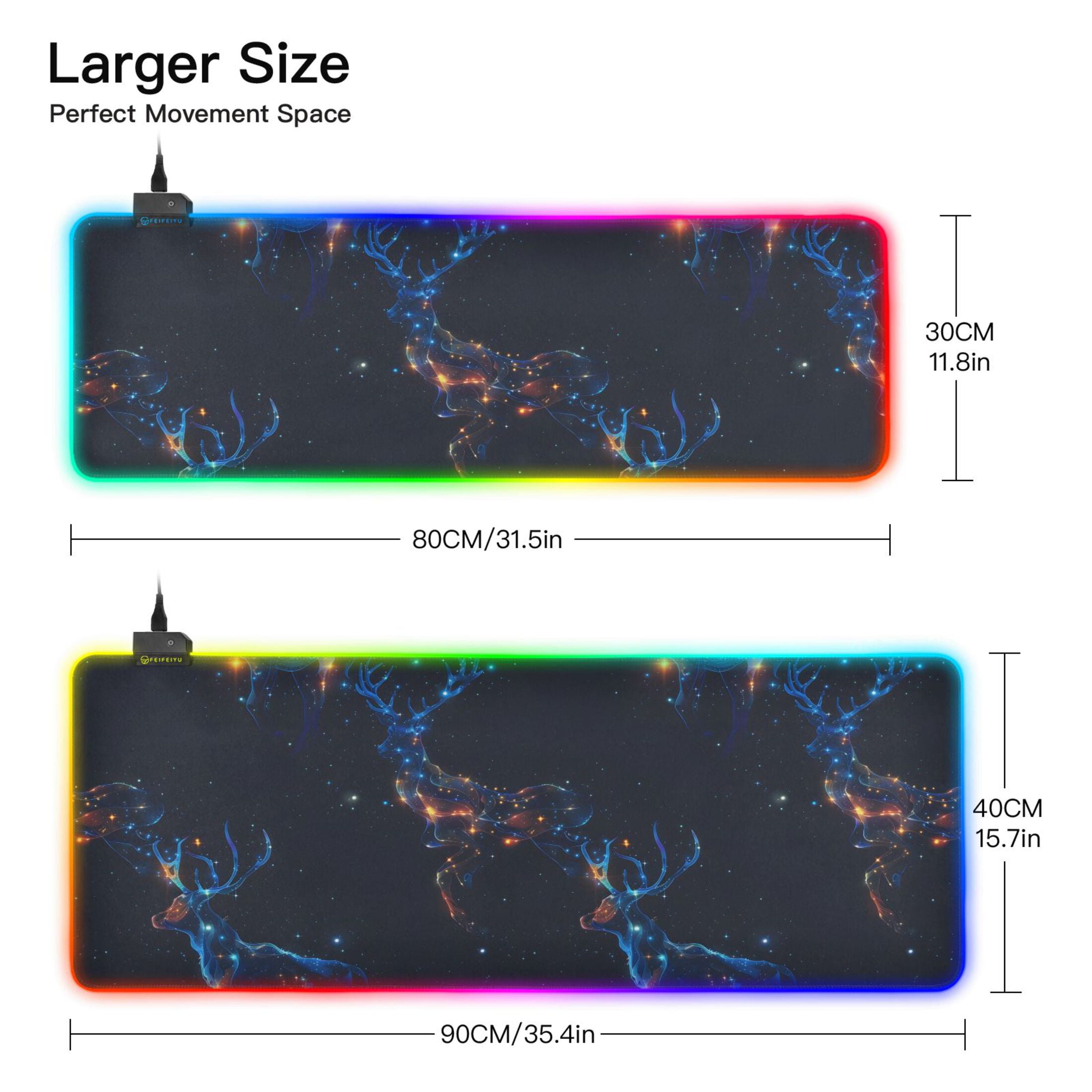 Large RGB Gaming Mouse Pad Led Glowing Mousepad Non-Slip Rubber Base 13 Light Modes 35.4x15.7 Starry Sky Color Deer
