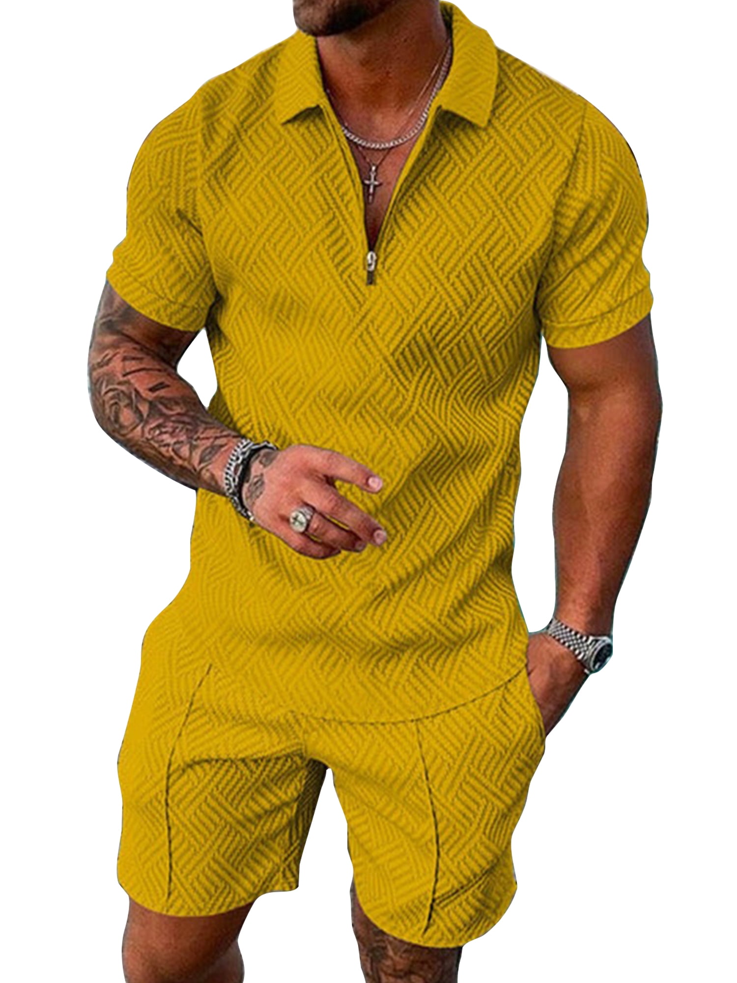 Paille Mens 2 Pcs Loose Tracksuit Short Sleeve Polo Shirt Elastic Waist