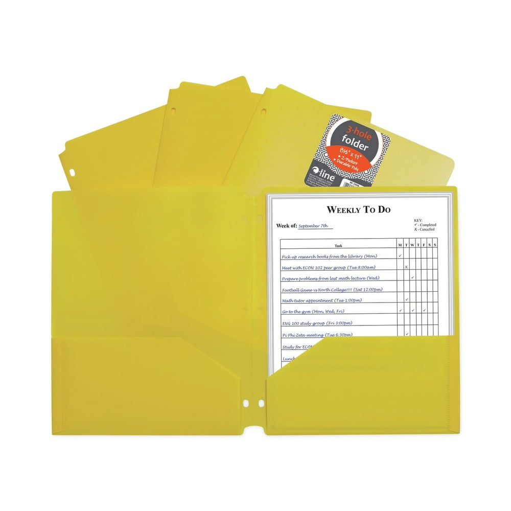 C-Line Two-Pocket Heavyweight Poly Portfolio Folder with Three-Hole Punch, Yellow, Pack of 25