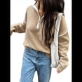 thumbnail image 2 of Suéteres Casuales con Cuello en V y Larga para Mujer, con Cremallera de un Cuarto, de Punto Holgado, con Bloques de Color y Cuello en V, para Otoño. Caqui L, 2 of 8