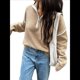 thumbnail image 2 of Suéteres Casuales con Cuello en V y Larga para Mujer, con Cremallera de un Cuarto, de Punto Holgado, con Bloques de Color y Cuello en V, para Otoño. Caqui L, 2 of 8
