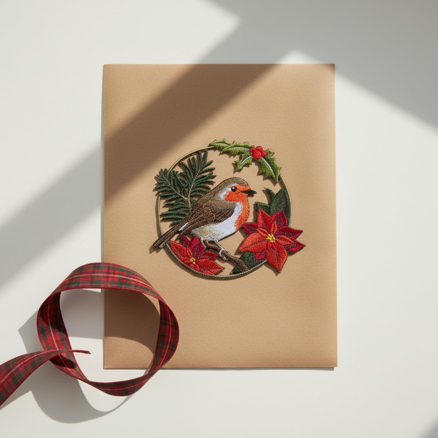 European Robin in Christmas Blooms Embroidered Iron on patch [6.27" X 5.9"]