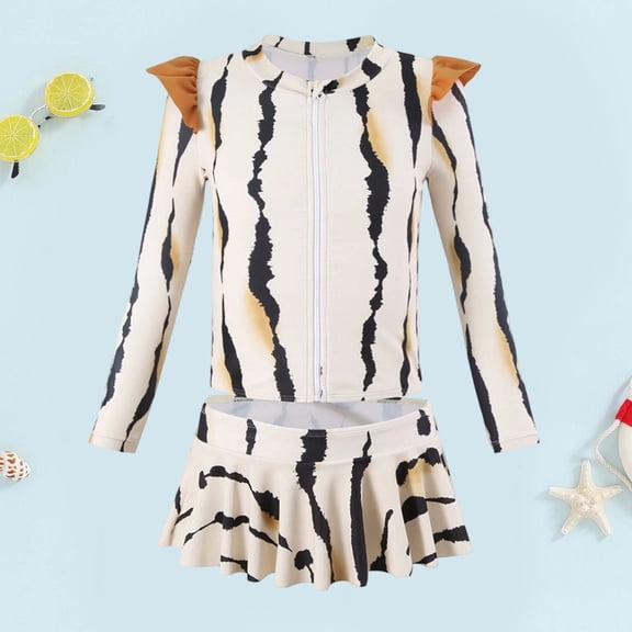 Conairie Two Piece Girls Swimsuit Set Long Sleeve Rash Guard Bathing Suit Lightweight Summer Beach Swimwear Beige