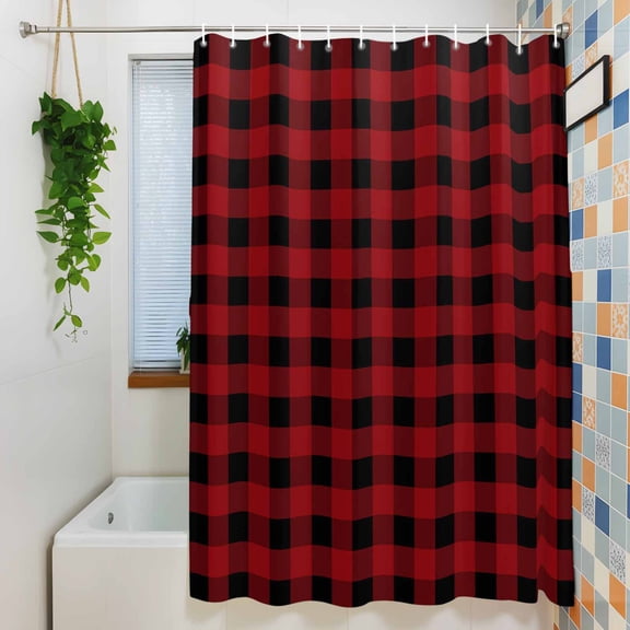 Shower Curtain, Christmas Farm Red Black Buffalo Plaid Waterproof Polyester Fabric Bath Curtain with Hooks for Bathroom Bathtub Stalls, Pastoral Check Grid 36x72IN