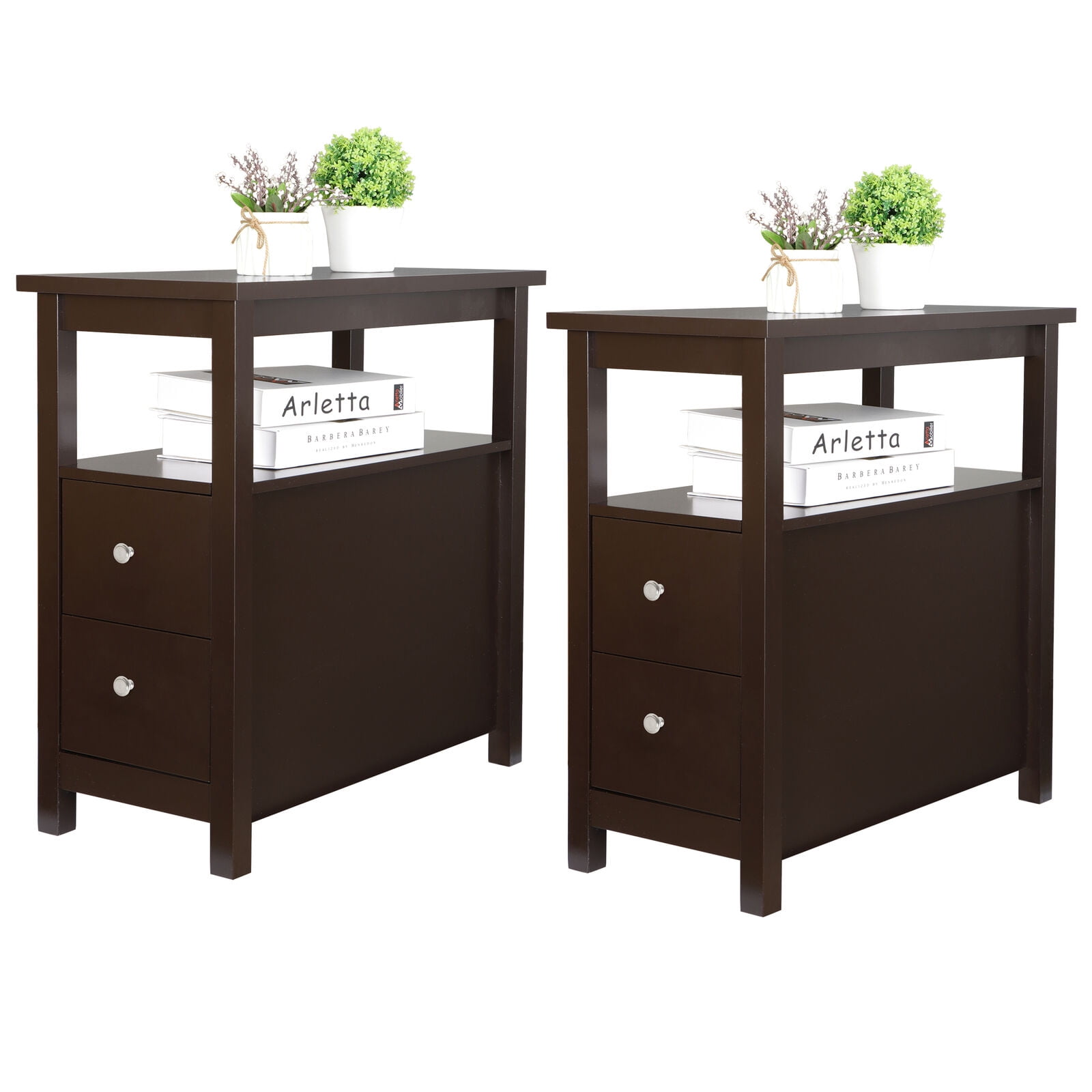 End Side Tables Nightstand with 2 Storage Drawers Living Room Bedroom 