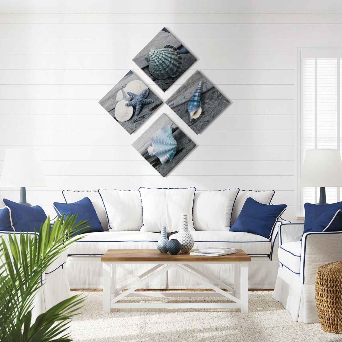 Wexford Home Beach Wall Décor Seashell Picture Prints Set of 4 Canvas Wall Art 24 x 24 inches Each Solid Wood Artwork for Cabin Home Office