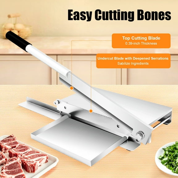 Silver Manual Guillotine Bone Meat Cutting Machine Stainless Steel Cutter w/ Blade for Home, Restaurant