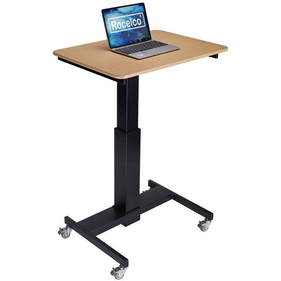 Pemberly Row 28" Adjustable Mobile School Standing Desk in Natural Wood/Black
