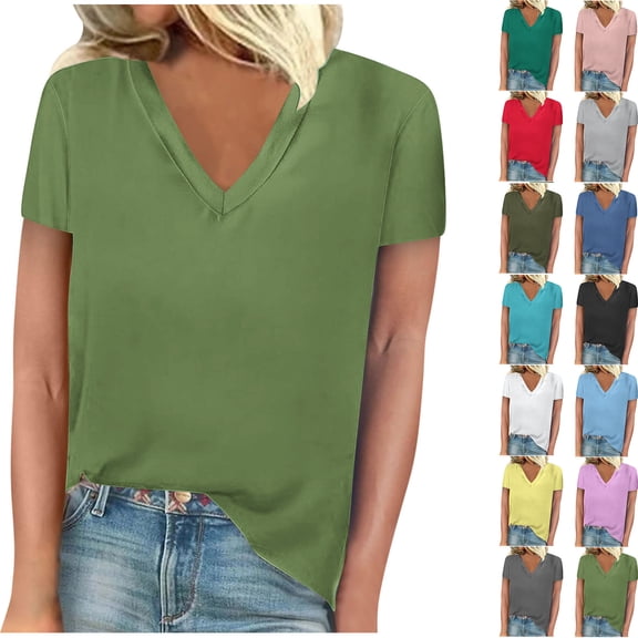 Summer Plus Size Tops for Womens 2025 Fashion solid V-Neck Short Sleeved Casual T-Shirt Tops Blouses