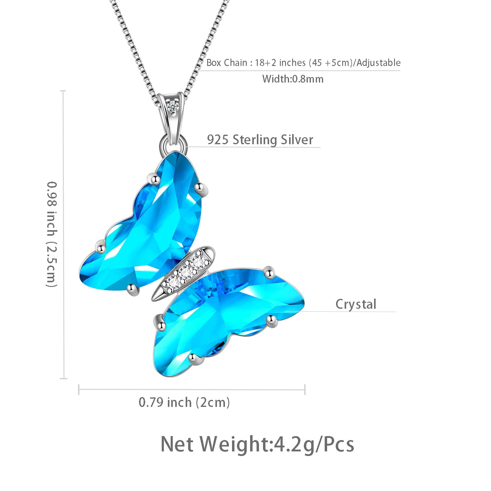 925 Sterling Silver Blue Butterfly Necklace Aquamarine March Birthstone Jewelry Crystal Pendant Women Mother Christmas Valentine Birthday Gift Juwaliy