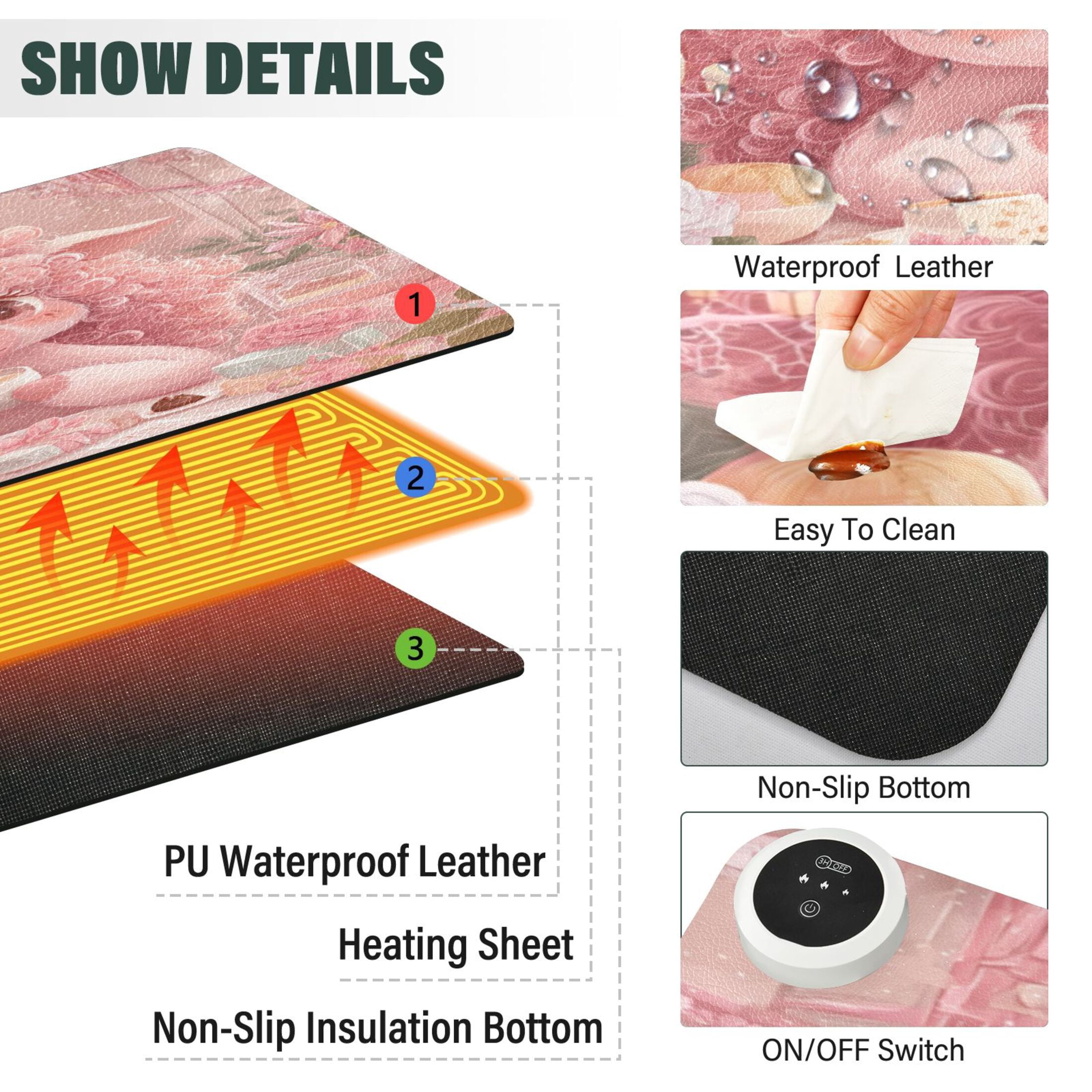 Large Heated Desk Mat Mouse Pad 31.5"x13"PU Leather Graphene Heating Desk Warmer with 3 Temperature Settings 110V US Plug Non-Slip Warm Pad for Home, Office, and Gaming Cute Little Pink Cow