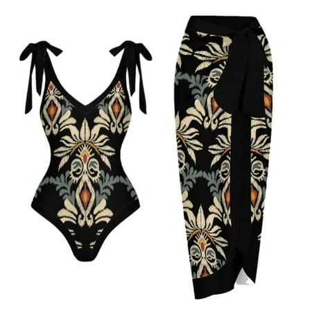 Spentoper Women Vintage Colorblock Abstract Floral Print 1 Piece Swimwear+1 Piece Cover UP Two Piece Vintage Print Swimsuit Monokini Bikini 2 Piece Swimsuits Two Piece Tankini Set Khaki L