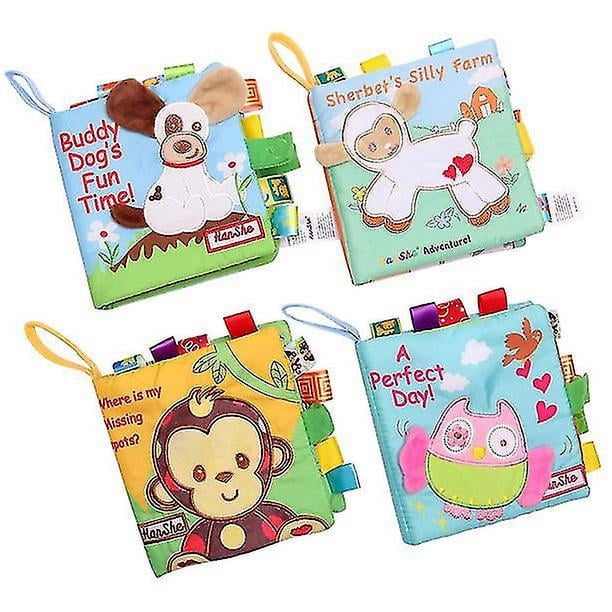 Puppy Paquete de 4 libros de tela suave para bebé, juego de libros de tela, libro para arrugas, juguetes educativos de aprendizaje, tela para bebé, libro de actividades para bebés, libro para ar