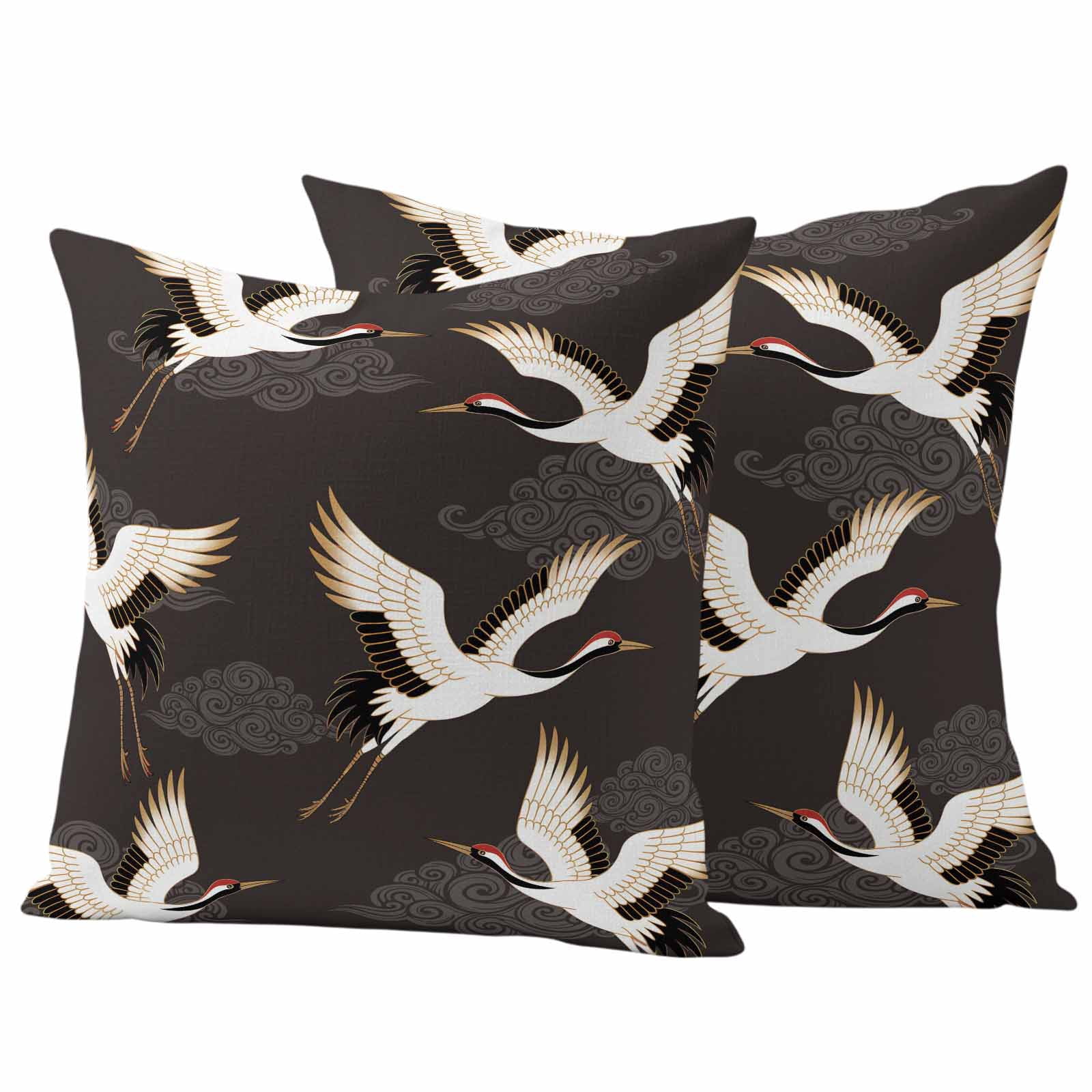 White Crane Outdoor Waterproof Throw Pillow Covers 16x16 Set of 2, Vintage Chinese Auspicious Cloud Art Brown Decorative Pillowcases Cushion Pillowcase for Couch Sofa Patio Outside Pillow Protector