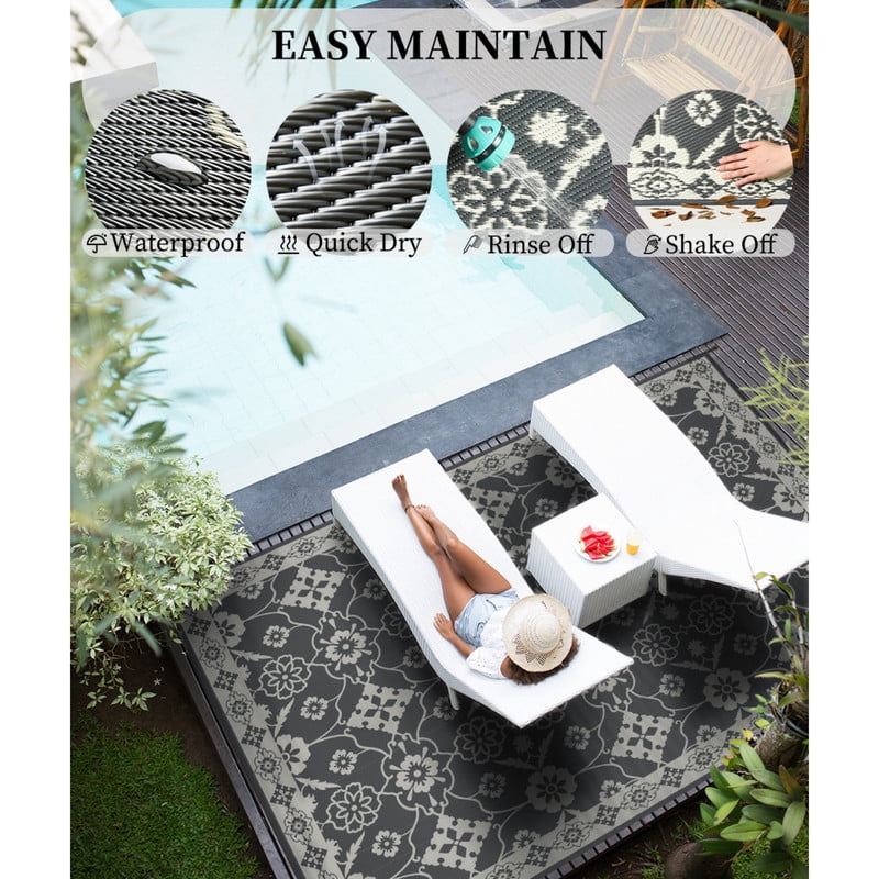 SIXHOME Outdoor Rug 6'x9' Waterproof Reversible Patio Rug Boho Floral Indoor Outdoor Rugs Lightweight Plastic Straw Ourdoor Carpet for RV Camping Deck Balcony Modern Porch Decor Gray