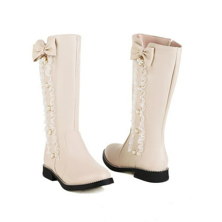 eczipvz Womens Shoes Boots for Women Ladies Cute Fashion Bow Solid Color Flat Round Toe Square Heel Middle Long 11 Wide Boots for Women Wide Calf Heels Beige-8