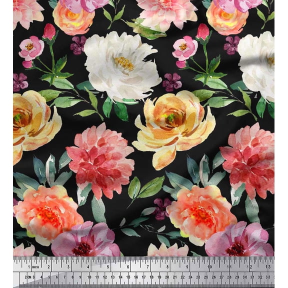 Soimoi Black Cotton Duck Fabric Leaves & Floral Watercolor Decor Fabric Printed BTY 42 Inch Wide