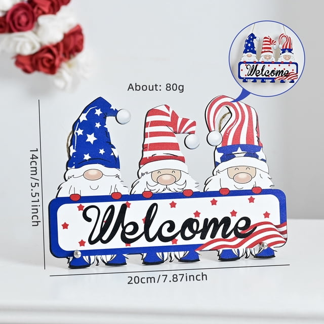 Leutsin 4th of July Hanging Door Sign, 4th of July Gnome Decor,Independence Day Decorations American Rustic Wooden Plaque with Rope, Wood American Flag For Front Door Porch Wall Window Decor