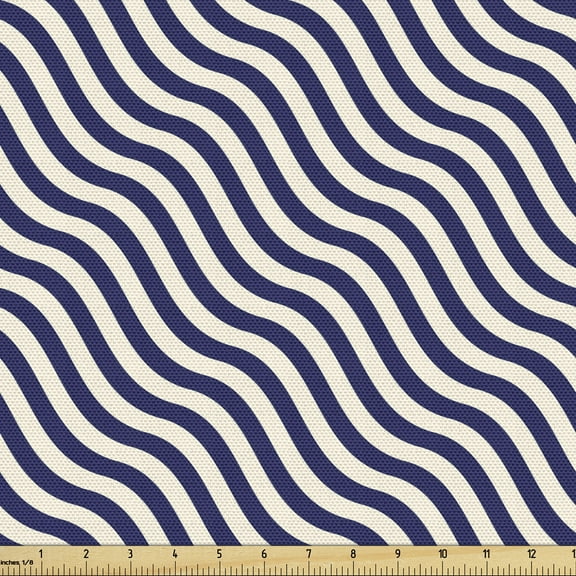 Ambesonne Navy Fabric by the Yard Upholstery, Wavy Stripes Dark Blue, 5 Yards, Dark Blue and White