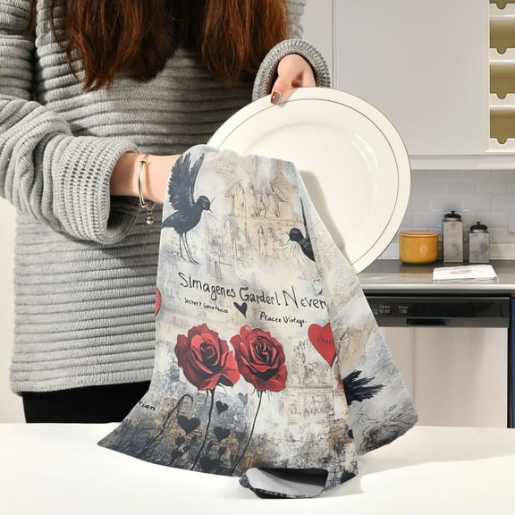 BZSMCE Kitchen Towels Creative Oil Red Rose Plainting Pattern Durable Kitchen Towel
