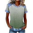 thumbnail image 4 of Uootdi Casual Tops for Women Short Sleeve Ombre Waffle Knit Denim Print Patchwork Soft Comfy Summer Casual Daily Shirts Gift, 4 of 5