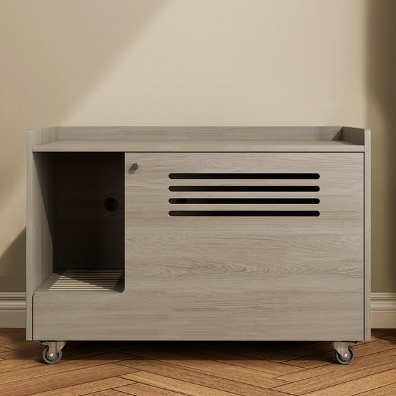 Gray Cat Litter Box Enclosure,Hidden Litter Box Furniture with top side fence,Wooden Pet House Side End Table, Storage Cabinet Bench for Living Room,,Bedroom, Fit Most of Litter Box