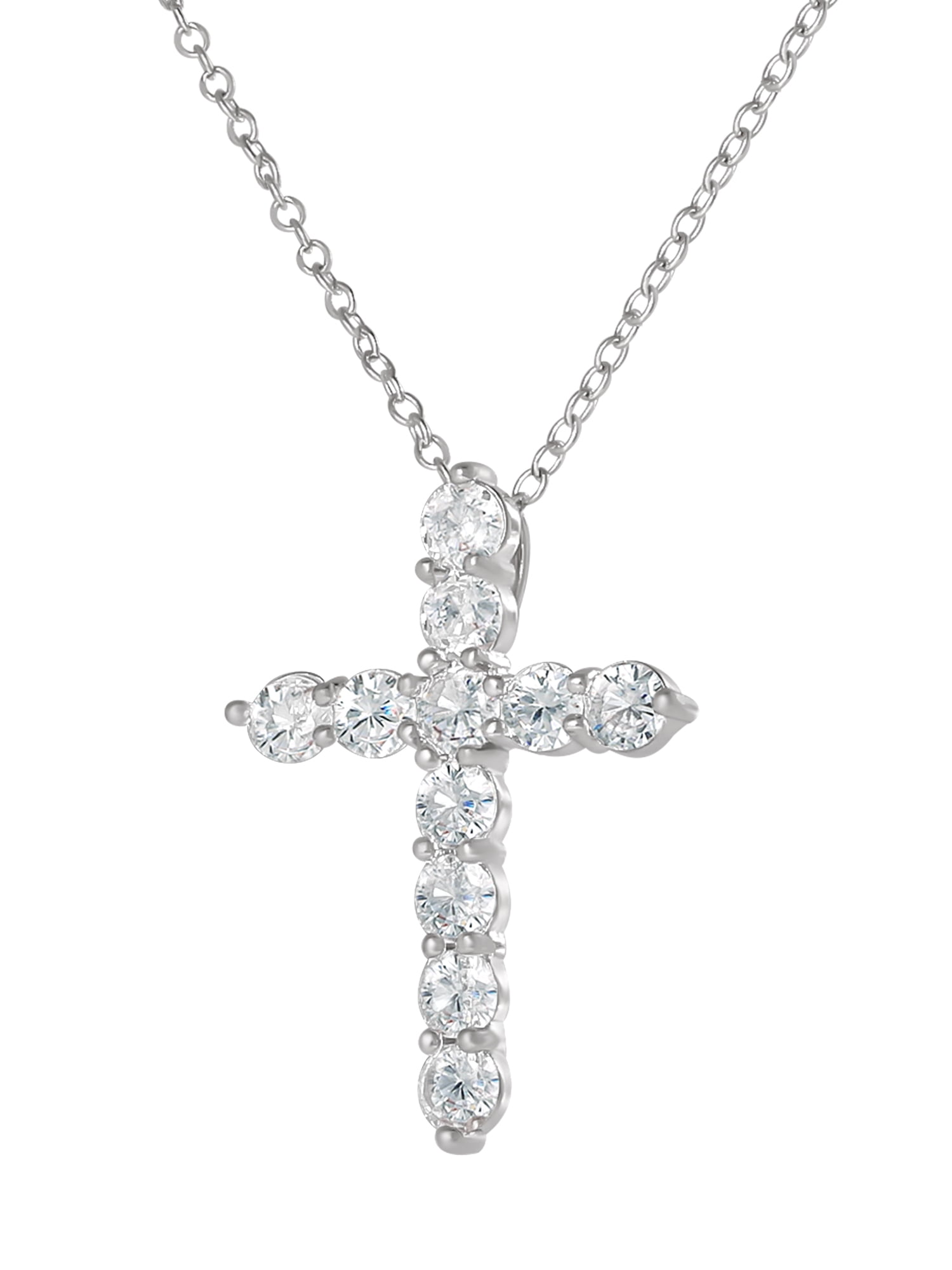 Brilliance Fine- Women's Silver Plated Brass Cubic Zirconia Cross Pendant, 18" + 2" Ext Chain