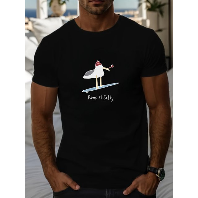 Keep It Salty" Men's Cotton T-Shirt - Casual Crew Neck, Short Sleeve, Summer Tee with Unique Seagull Design