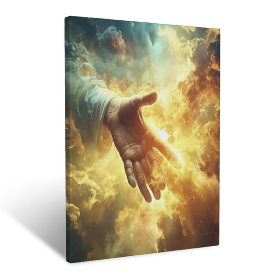 CozyNet Glowing Hands Of Jesus Reaching Out, Surrounded By Radiant Clouds In The Heavens Wall Art Prints With Frame Canvas Perfect for Living Room & Bedroom, Ready to Hang, Wall Decor 12"x16"