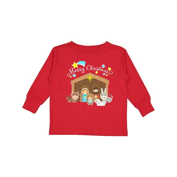 Inktastic Merry Christmas Cute Nativity Scene Boys or Girls Long Sleeve Toddler T-Shirt