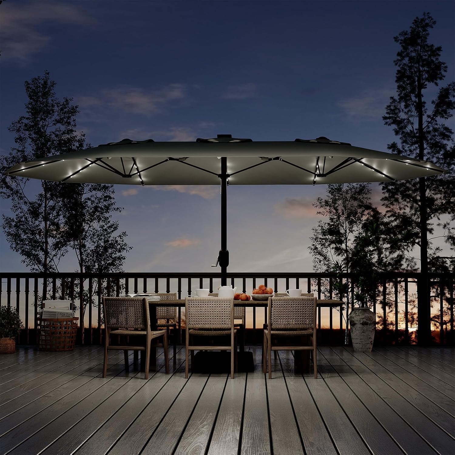 15 Ft Rectangular Patio Umbrella with Solar Lights & Base Included - Large Patio Umbrella with Crank Handle 36 LED Lights, UV Protection for Outdoor Market, Backyard, Deck, Pool, Grey