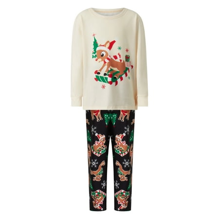 

Genuiskids Christmas Pajamas for Family Long Sleeve Deer Print Tops + Pants Set for Adults Kid Baby Dog