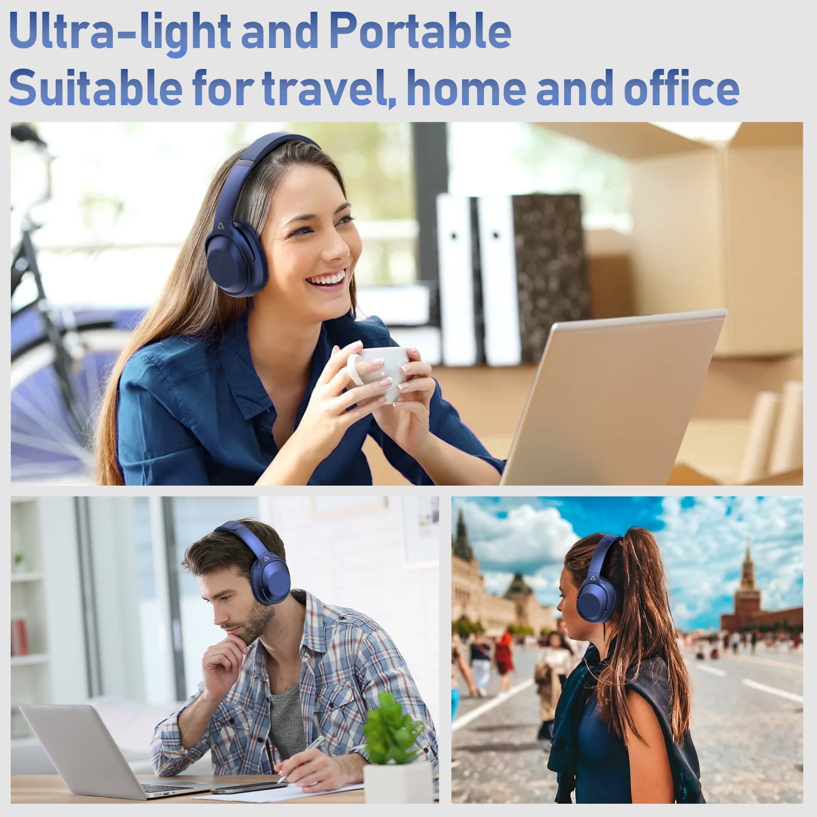 Ankbit E500 Active Noise Cancelling Wireless Headphones with Microphone, Bluetooth 5.2, Deep Bass, 80H Playtime, Voice Assistant for Travel/Home/Office - Blue