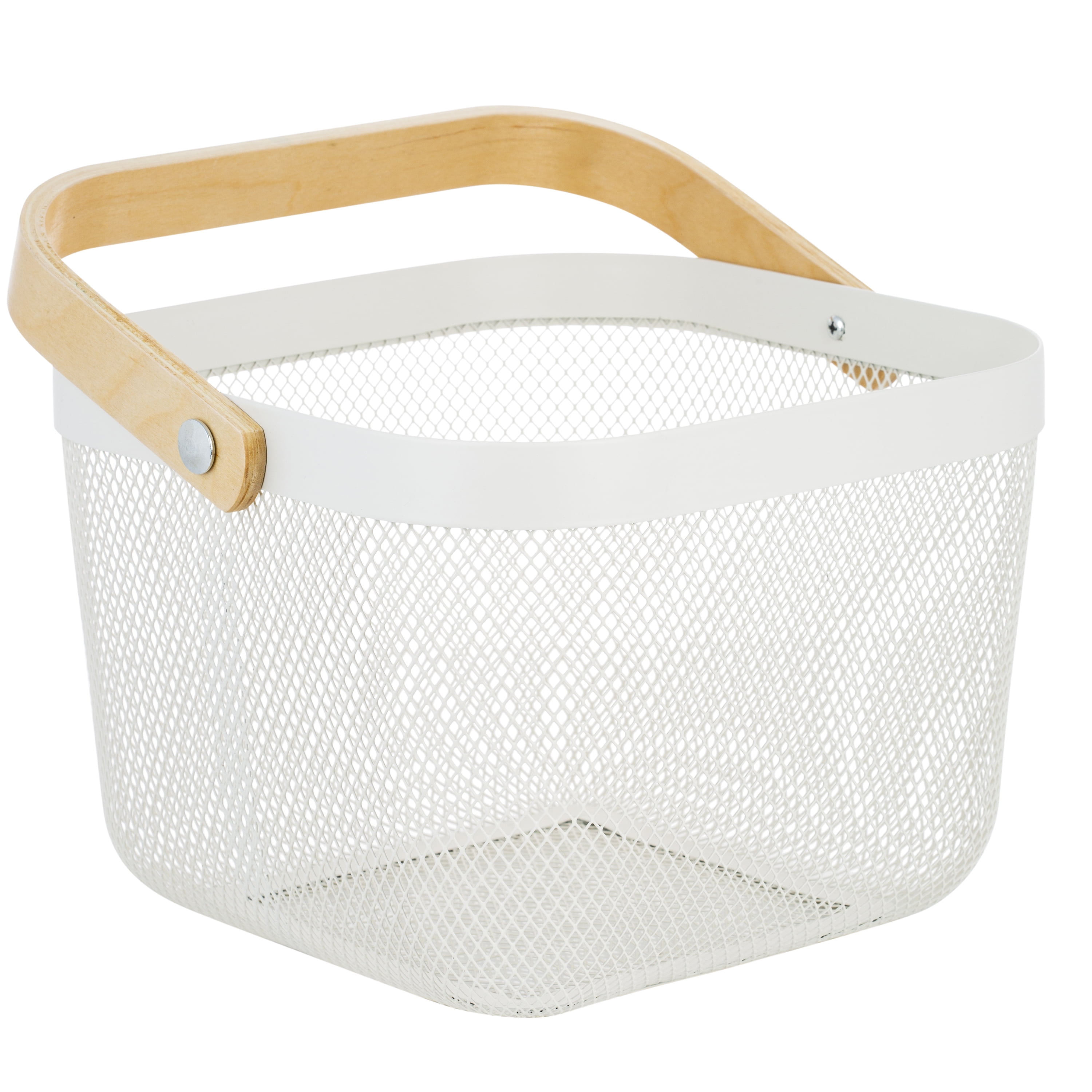 Simplify Mesh Decorative Storage Basket with Bamboo Handle, White