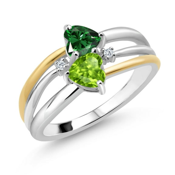 Gem Stone King 925 Silver and 10K Yellow Gold Green Nano Emerald and Green Peridot and White Lab Grown Diamond Band Ring for Women (1.02 Cttw, Gemstone May Birthstone, Heart Shape 5MM, Size 9)