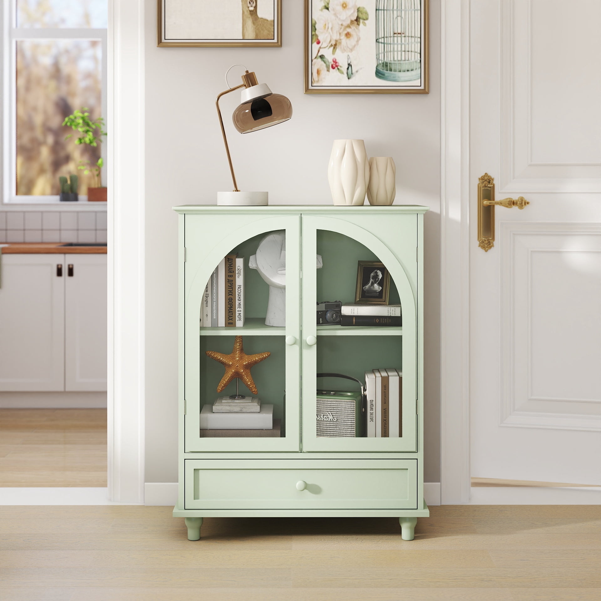 Farmhouse Sideboard with Double Arched Glass Doors, Green Storage Cabinet with Tiered Top & 1 Drawer for Kitchen, Living Room, Coffee Bar
