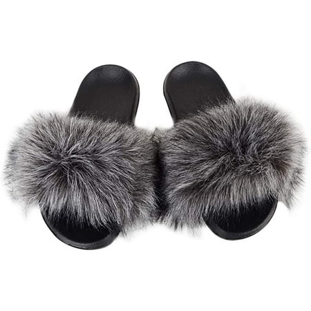 

Women Faux Fur Decor Flat Slippers Fluffy slides