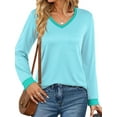 thumbnail image 2 of MOSHU Color Block T Shirts for Women V Neck Long Sleeve Womens Shirts Loose Fall Tops with Pocket, 2 of 8