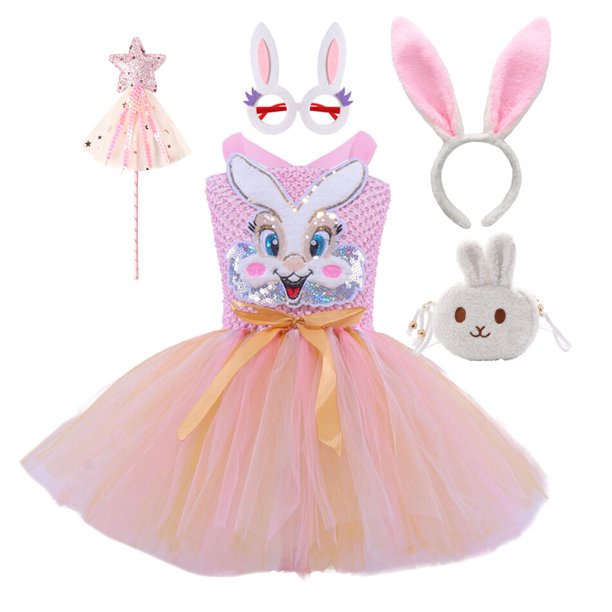 Vestido tutú de conejito rosa de Pascua para niñas pequeñas, disfraces de Cosplay de conejo blanco para niñas pequeñas, traje de tul para fiesta de cumpleaños, ropa 10-12T Gao Jinjia LED