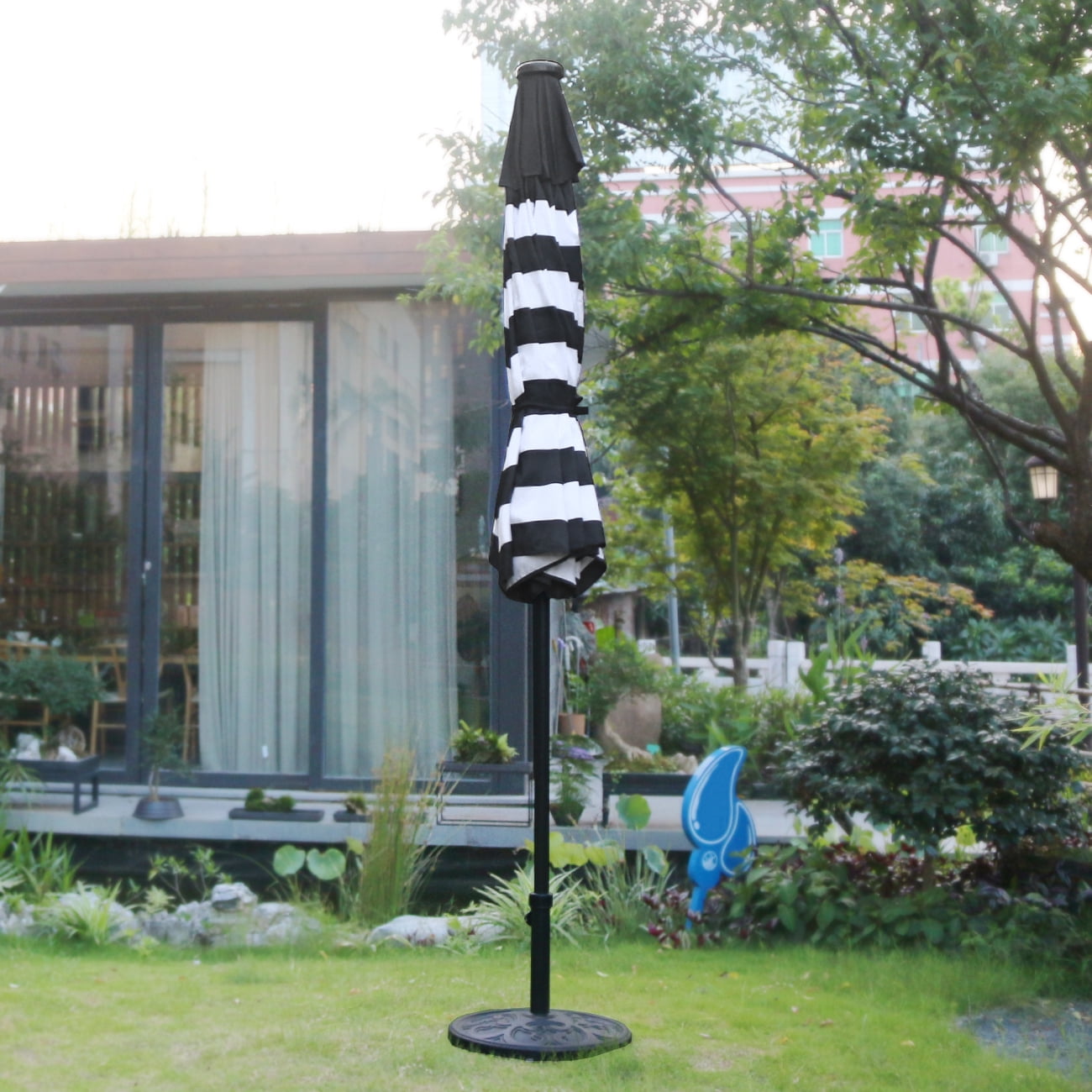 Bibana 9ft Solar 24 LED Lighted Patio Umbrella with 8 Ribs, Adjustment and Crank Lift System (Black & White)