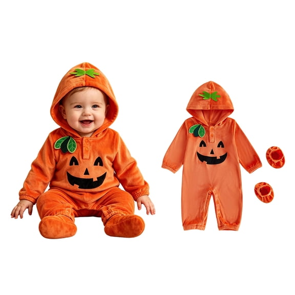 Baby Boys Long Sleeve Hooded Pumpkin Jumpsuit with Socks Two Piece Set Pumpkin Halloween Party Clothes Halloween Size 0-3 Months