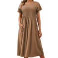 thumbnail image 3 of Avolia Plus Size Women Short Sleeve Dress with Pockets Pleats Round Neck Lightweight Casual Wear Brown XL, 3 of 7