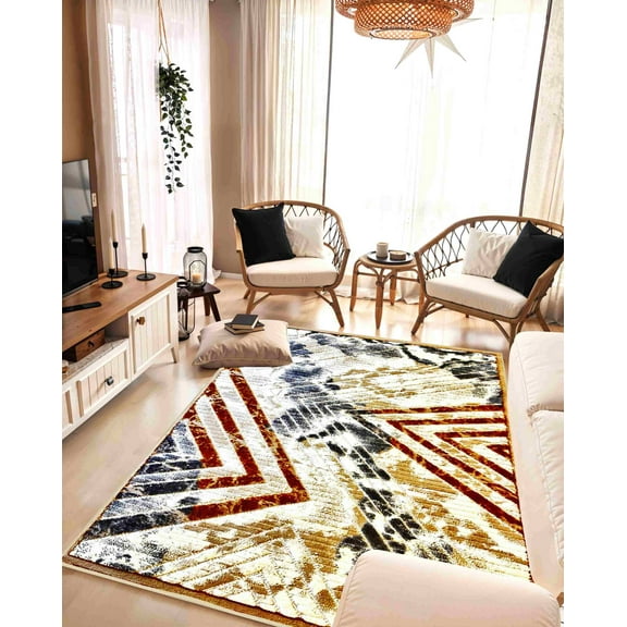 Tribal Abstract Modern Rug Contemporary Color Vibrant Carpet For Living Room Bedroom Design 5520 (8x11 (7'8"x10'8"),Sand)