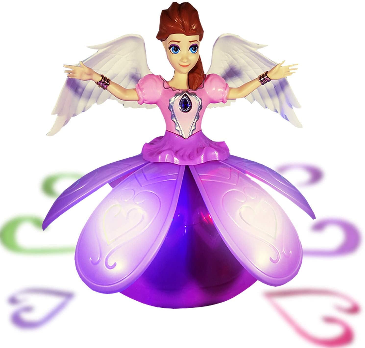 SHNRASAR PINK Sing-Along Dancing Rotating Fairy Princess DOLL Musical Toy with Blossoming Petal Skirt and Wings   Colorful LED Lights and Music for Girls