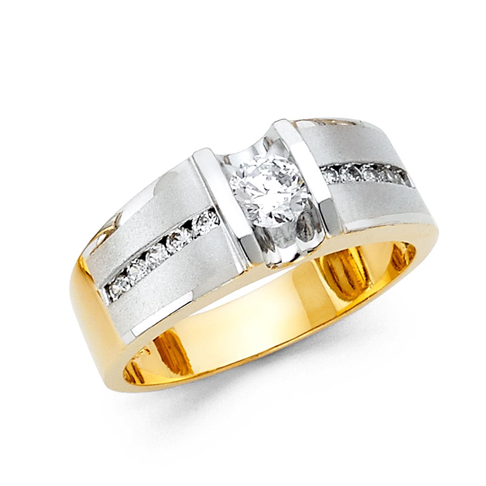 Mens Square Engagement Ring Solid 14k Yellow Gold Band CZ Satin Polished Fancy 
